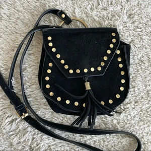 Nila Anthony Black Leather Studded Crossbody Purse Satchel Gold Fringe Tassel